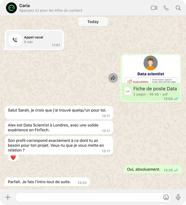 Ping Caria vous met en relation avec de top talents directement depuis whatsapp