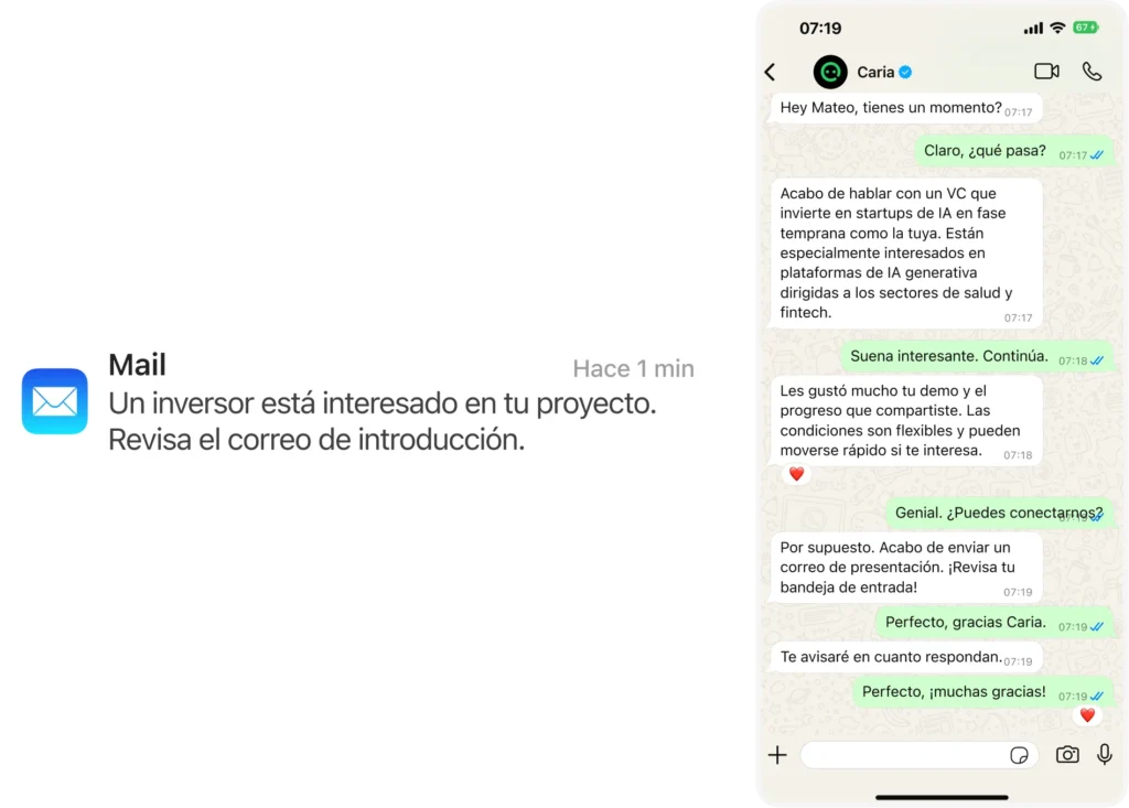 Cuéntame sobre tu startup. Te conecto con inversores que comparten tu sector y tu visión. Sin pitch decks perdidos ni largas esperas.