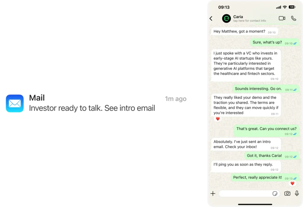 Tell me about your startup. I’ll connect you with early-stage investors who fit your vision. No pitch decks lost in inboxes, no endless waiting.